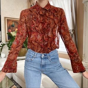 Chico's sheer paisley ruffle button-down blouse